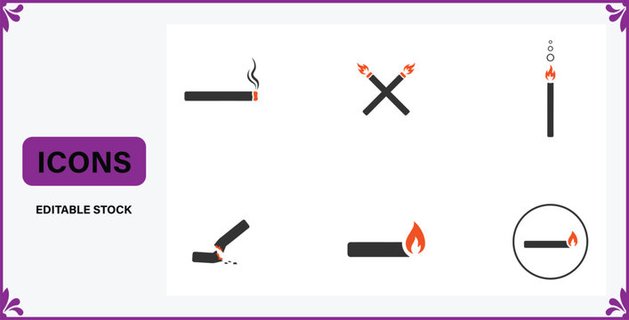 Collection of six simple flat design icons representing fire and smoking elements like cigarettes matches and burning sticks
