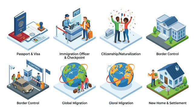 Immigration Documents and Visa Application Isometric Vector Icon Set