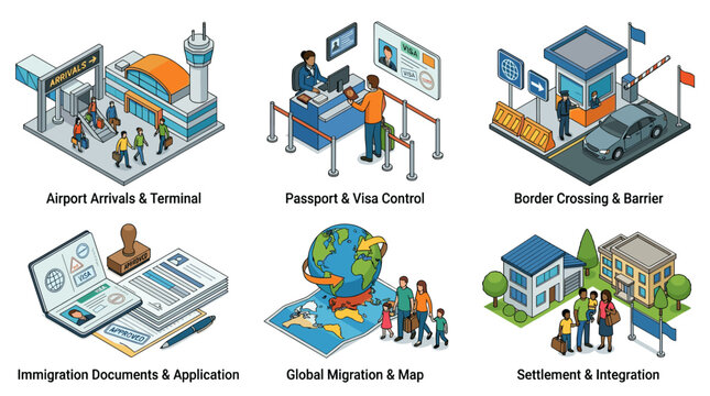Immigration Documents and Visa Application Isometric Vector Icon Set