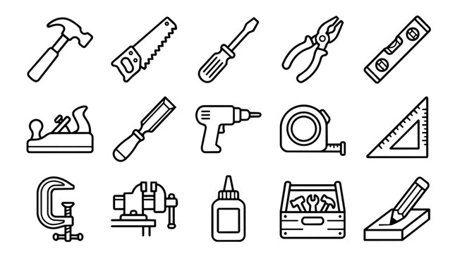 Set of outline icons showing various carpentry tools