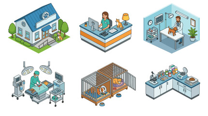 Fototapeta premium Veterinary Clinic and Pet Healthcare Isometric Vector Icon Set