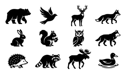 Woodland Animal Silhouettes Set with Bear Fox Deer Owl Rabbit and Forest Wildlife © SobujChandra