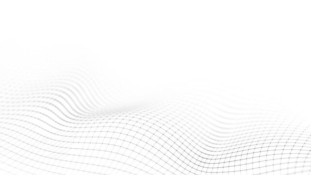 Abstract light wireframe wave on white background, flowing grid surface with soft depth of field. Minimal futuristic data visualization for technology, science, analytics and digital design.