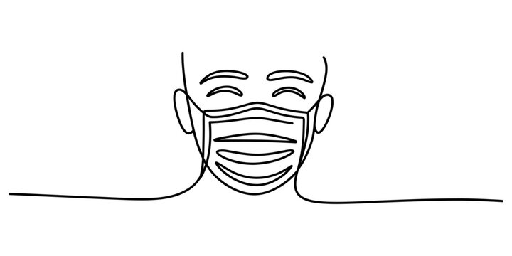 Continuous single line drawing of a happy person wearing a protective medical face mask for health and safety during a pandemic or flu season Vector, illustration