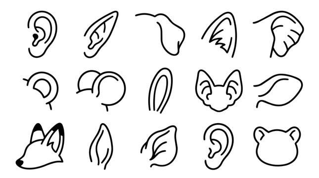 Set of Various Human and Animal Ear Line Icons
