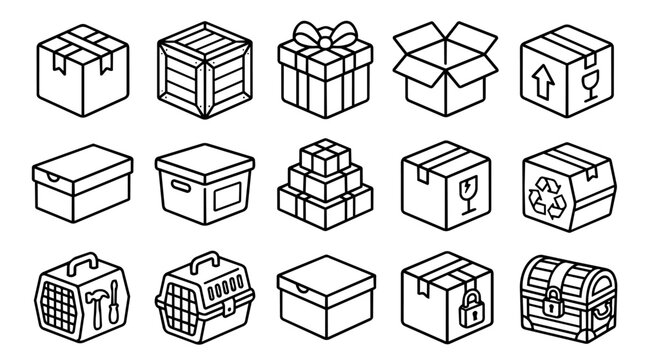 Set of isometric outline boxes and packaging.