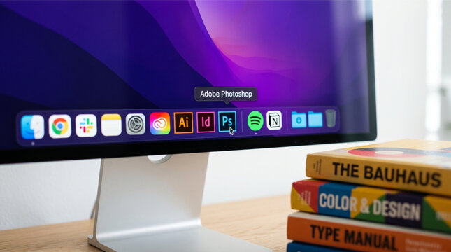 Adobe Photoshop application icon highlighted by a mouse cursor on a professional computer monitor dock, including creative software tools, alongside Bauhaus and design books in the studio.