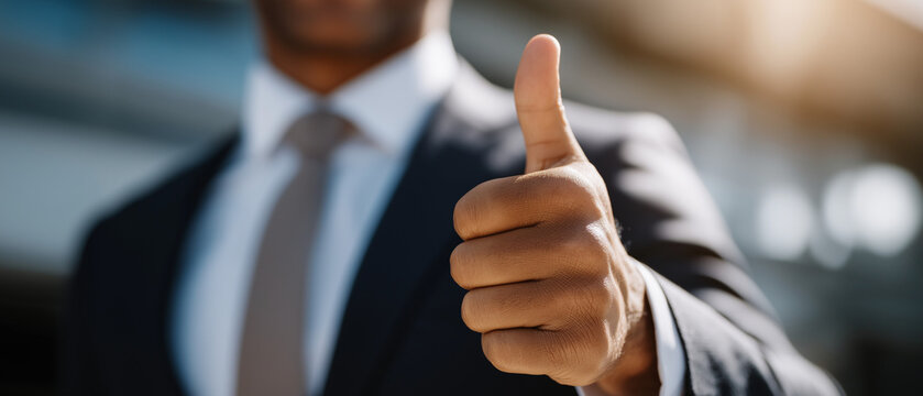 Business Success Gesture: A confident businessman in a sharp suit and tie gives a prominent 'thumbs up' gesture, symbolizing approval, agreement, and success in a professional setting.