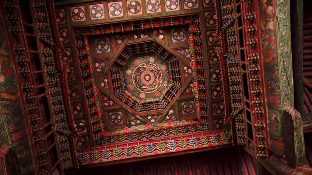 Ornate Painted Wooden Temple Ceiling with Traditional Floral Patterns