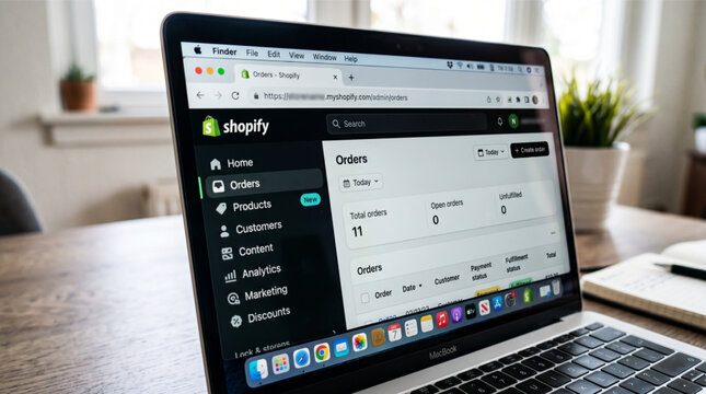 Shopify e-commerce dashboard displayed on a modern MacBook laptop, showing orders and sales data for digital business management, online store growth, professional entrepreneurship and retail tech.
