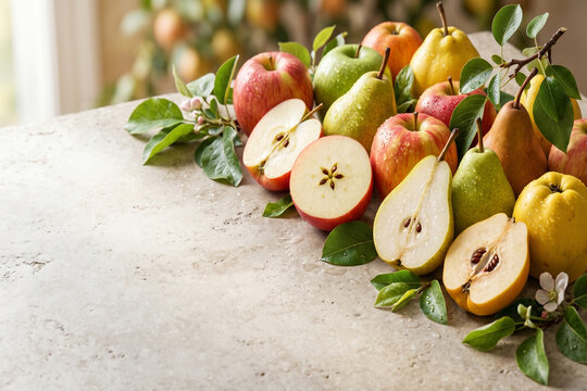 Ripe pome fruits, including apples, pears, and quinces, halves, slices, seeds, blossoms, and leaves on a rustic stone background