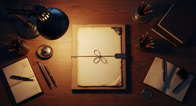 Top-down view of a vintage writer's desk with old bound paper, ink, and pens under warm lamp light.