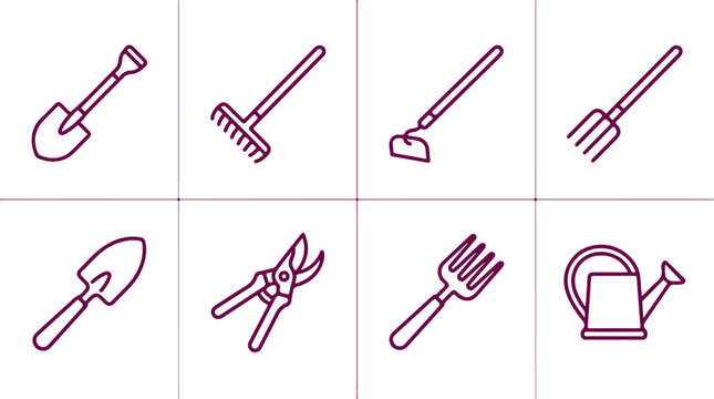 Garden tools set outline icons shovel rake hoe fork secateurs trowel watering can.
