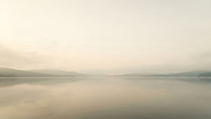 Fototapeta premium Luminous Misty Lake at Dawn Reflecting Serene Mountains Embodying Serenity and Peace Perfect for Meditation Background Wellness Branding and Presentation