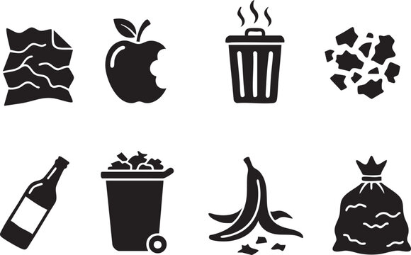 Set of black and white waste and recycling icons including crumpled paper apple core trash can and garbage bag for environmental concepts and cleanup services