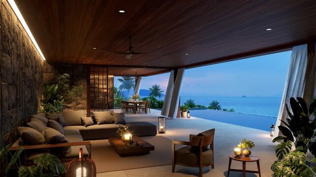 Animation of modern contemporary living room featuring warm wooden interiors, cozy sofa, and an open layout leading to a private pool deck with sea view at dusk. 3d render.