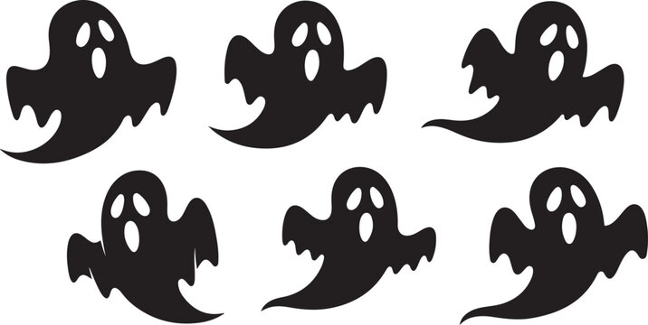 Set of six black scary ghost silhouettes for halloween party decorations and spooky graphic designs