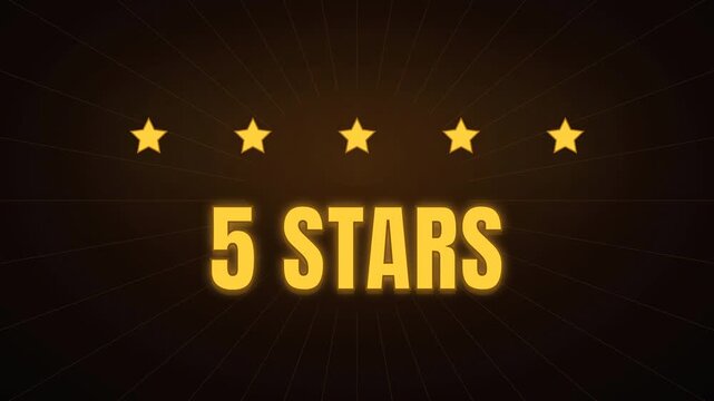 High-energy kinetic text flashing positive words, ending with a massive gold "5 STARS" title as physical stars slam onto the screen.