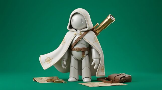3d rendered character with hooded cloak and navigation tools