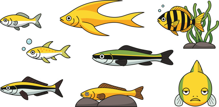 Siamese Algae Eater and Siamese Flying Fox Aquarium Pet Vector Illustration Set Featuring Flat Cartoon Fresh Water Fish Characters Swimming and Resting Near Seaweed on White Background
