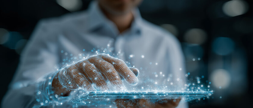 Digital Interaction: A person's hand touches a tablet, surrounded by glowing digital particles, symbolizing connection and innovation in the modern technological landscape.