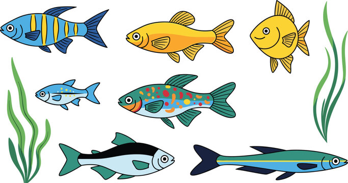 Tropical Fish and Aquarium Pet Vector Illustration Set Featuring Flat Cartoon Danio Rasbora Barbs and Goldfish Characters Swimming with Seaweed