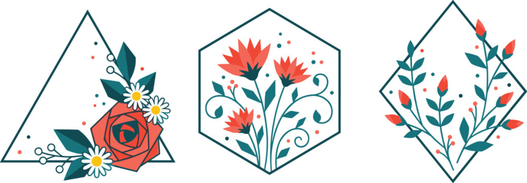 Geometric floral frame collection featuring flat rose daisy and wildflower bouquets inside triangle hexagon and rhombus borders vector illustration.
