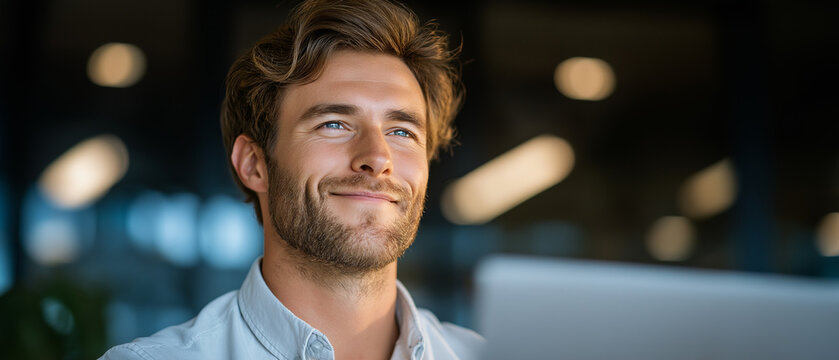Focused Ambition: A determined young businessman with thoughtful eyes and a slight smile, working late in a modern office, illuminated by soft interior lights and the glow of a laptop screen.