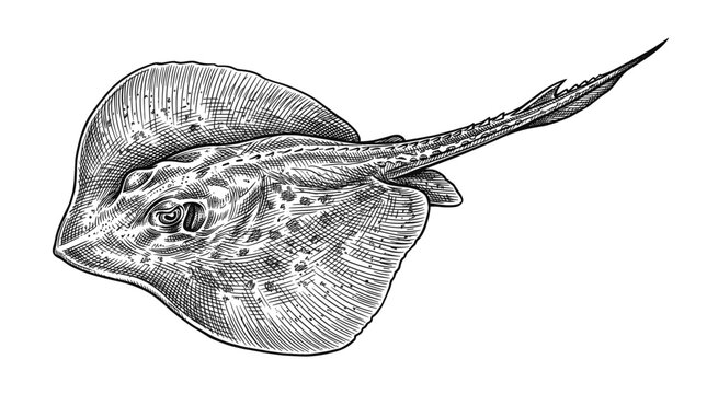 Hand Drawn Stingray Ink Sketch in Vintage Marine Engraved Style