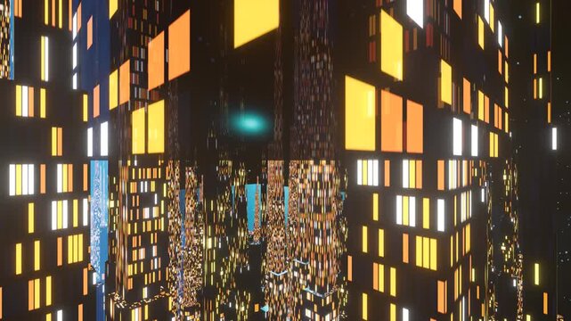 Cinematic tracking flyby of glowing structural pyramid in futuristic urban layout