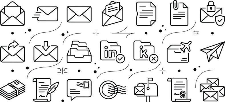  Black line email and postal mail icon set featuring envelopes folders paper plane certificate scroll and mailbox symbols vector illustration