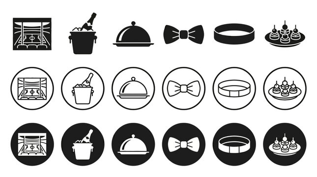 A collection of black and white icons representing formal events, including a boxing ring, champagne bucket, cloche, bow tie, collar, and canap&eacute;s.