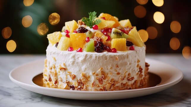 A delicious fruit cake with white frosting and various fruits on top, placed on a white plate