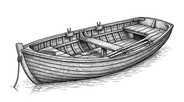 Hand Drawn Wooden Boat Ink Sketch in Vintage Nautical Engraved Style