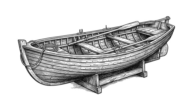 Hand Drawn Wooden Boat Ink Sketch in Vintage Nautical Engraved Style
