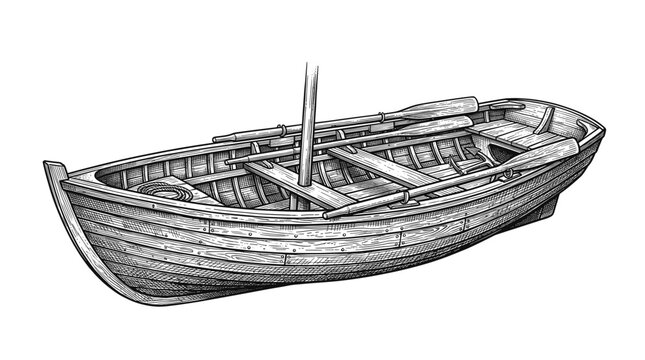 Hand Drawn Wooden Boat Ink Sketch in Vintage Nautical Engraved Style
