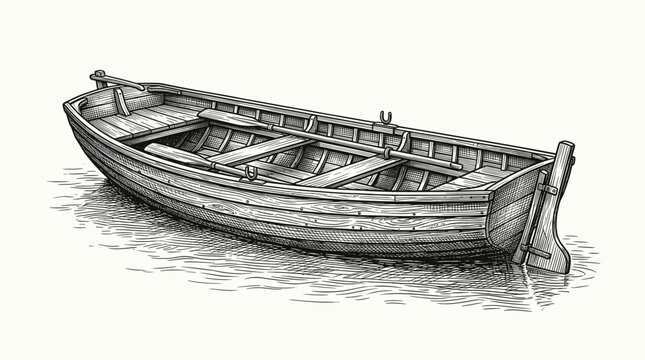 Hand Drawn Wooden Boat Ink Sketch in Vintage Nautical Engraved Style