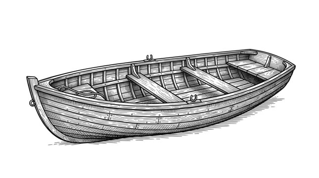 Hand Drawn Wooden Boat Ink Sketch in Vintage Nautical Engraved Style