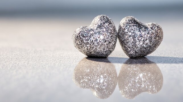 Two glittery silver hearts sitting side by side on a reflective surface with a blurred background