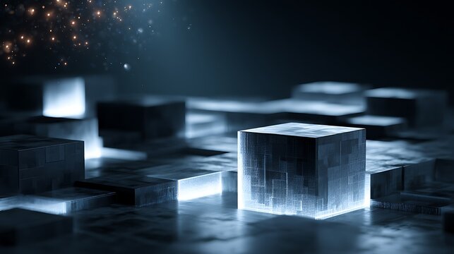 Glowing cyber fortress made of geometric blocks, infrastructure protection concept,
