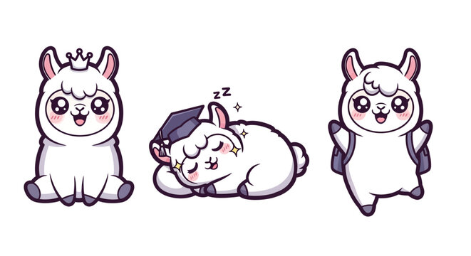 Cute cartoon alpacas in different poses and outfits.