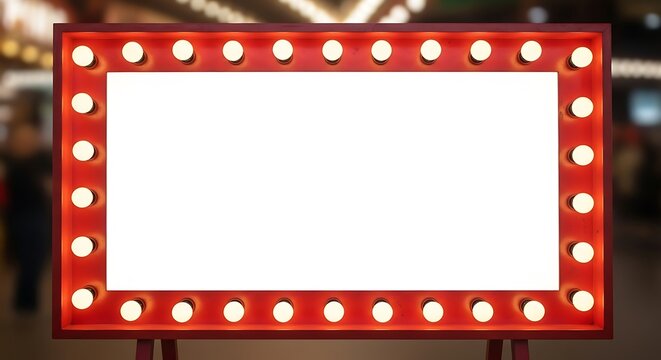 Rectangular marquee sign with a red frame and glowing round light bulbs, featuring a blank white center for custom text or