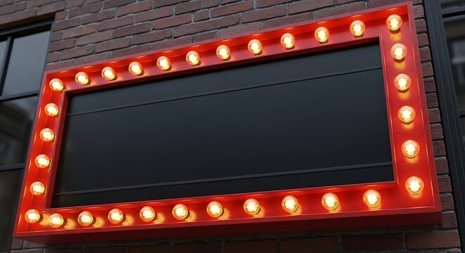 Rectangular marquee sign with a red frame and glowing light bulbs mounted on a dark brick wall, featuring a blank black center panel