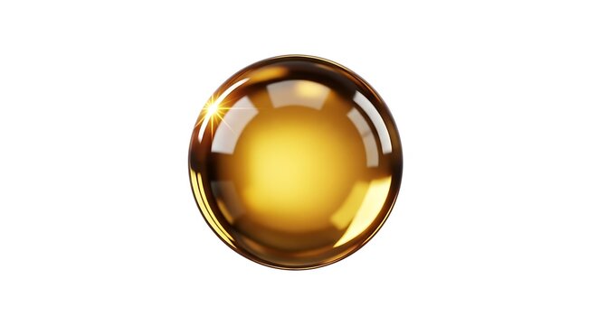 Single glossy golden sphere with a bright light reflection isolated on a white background, representing a metallic or liquid gold orb
