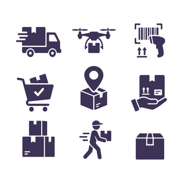 Commercial Delivery and Logistics Icon Set - Minimalist Black Vector Glyphs on White Background