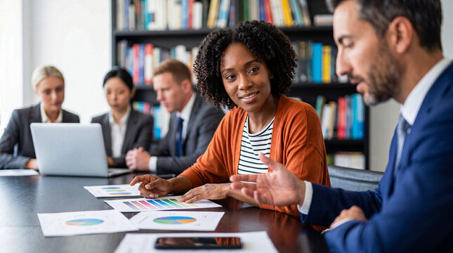 Photograph of diverse business professionals collaborating in a modern office meeting room.