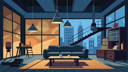 Modern loft apartment interior with city skyline view during sunset and warm ambient lighting © PD