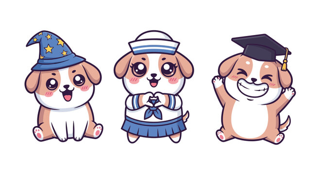 Cute Cartoon Puppies in Different Costumes.