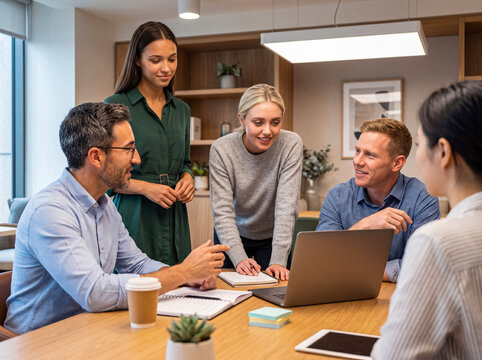 Diverse business team collaborating and discussing project strategy around a laptop in a modern office.