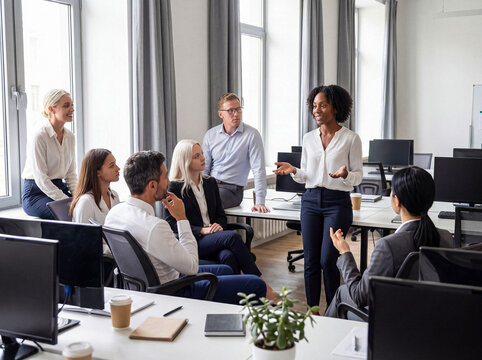 Confident Black businesswoman presenting to diverse colleagues during an office meeting or training session.